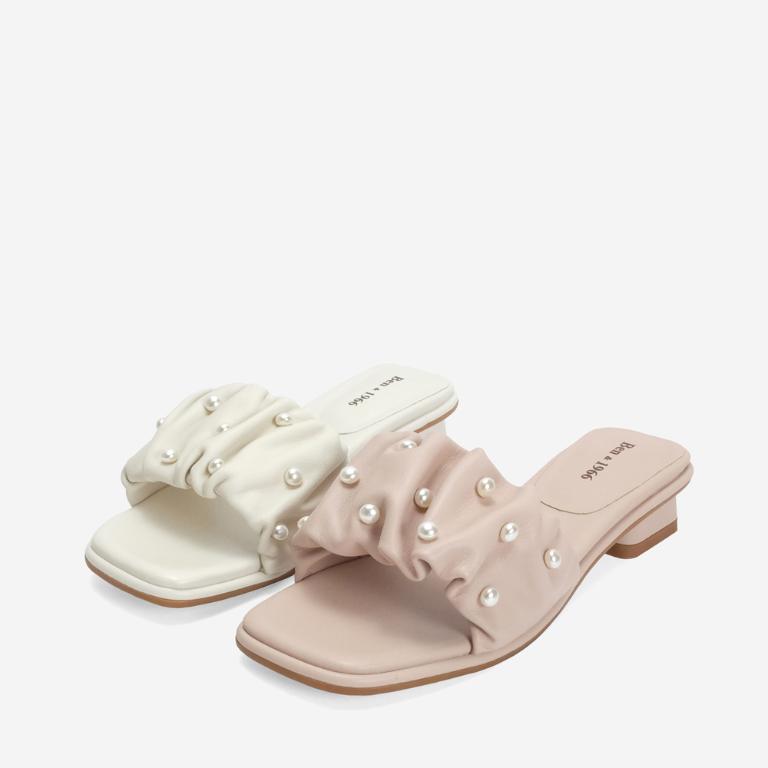 Ben&1966 柔軟羊皮氣質珍珠一字低跟涼拖鞋-米白(246542)