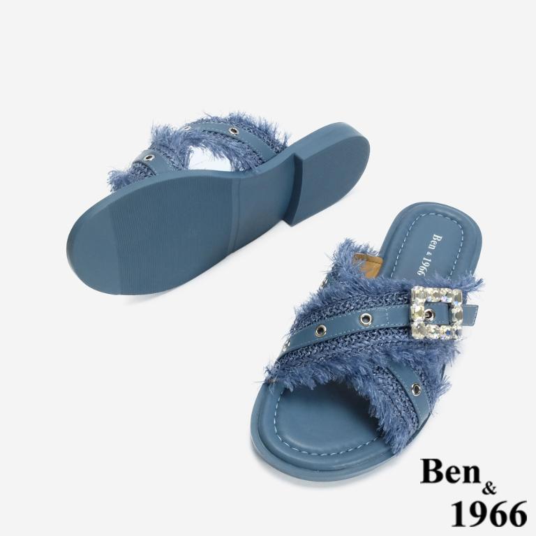 Ben&1966 夏日度假風草編交叉亮鑽平底拖鞋-藍(246641)