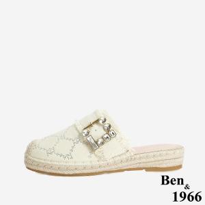 Ben&1966 夏日丹寧布草編方鑽漁夫穆勒拖-米白(246502)