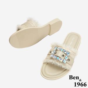 Ben&1966 夏日度假風草編一字方鑽涼拖鞋-米白(246602)