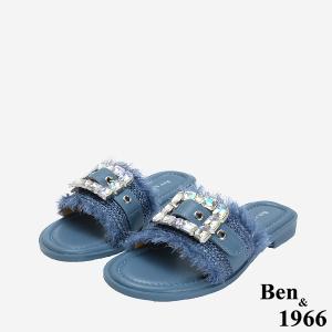 Ben&1966 夏日度假風草編一字方鑽涼拖鞋-藍(246601)