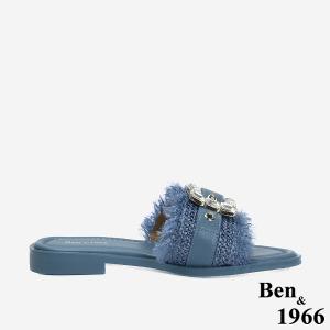 Ben&1966 夏日度假風草編一字方鑽涼拖鞋-藍(246601)