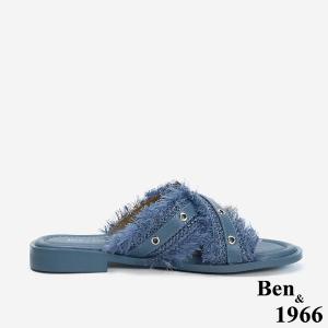 Ben&1966 夏日度假風草編交叉亮鑽平底拖鞋-藍(246641)