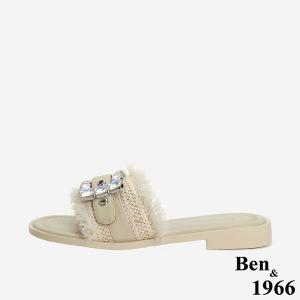 Ben&1966 夏日度假風草編一字方鑽涼拖鞋-米白(246602)