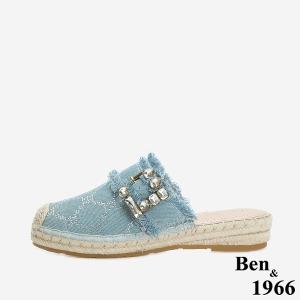 Ben&1966 夏日丹寧布草編方鑽漁夫穆勒拖-藍(246501)