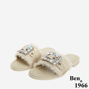 Ben&1966 夏日度假風草編一字方鑽涼拖鞋-米白(246602)
