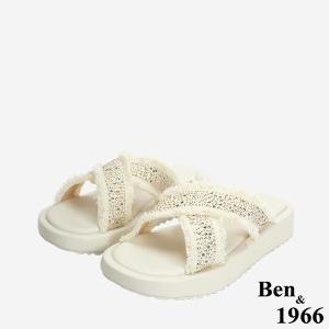 Ben&1966 夏日丹寧布交叉帶碎鑽厚底拖鞋-米白(246712)
