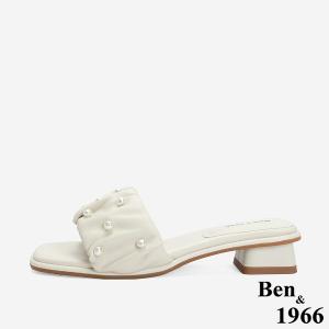 Ben&1966 柔軟羊皮氣質珍珠一字低跟涼拖鞋-米白(246542)