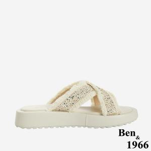 Ben&1966 夏日丹寧布交叉帶碎鑽厚底拖鞋-米白(246712)