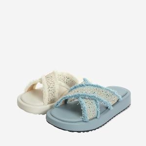 Ben&1966 夏日丹寧布交叉帶碎鑽厚底拖鞋-米白(246712)