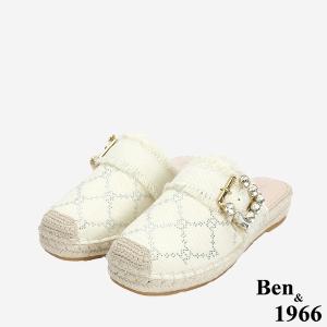 Ben&1966 夏日丹寧布草編方鑽漁夫穆勒拖-米白(246502)