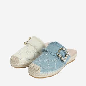 Ben&1966 夏日丹寧布草編方鑽漁夫穆勒拖-米白(246502)