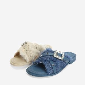 Ben&1966 夏日度假風草編交叉亮鑽平底拖鞋-藍(246641)