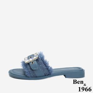 Ben&1966 夏日度假風草編一字方鑽涼拖鞋-藍(246601)