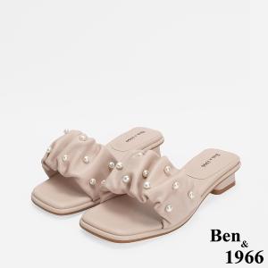 Ben&1966 柔軟羊皮氣質珍珠一字低跟涼拖鞋-粉紅(246541)