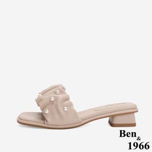Ben&1966 柔軟羊皮氣質珍珠一字低跟涼拖鞋-粉紅(246541)