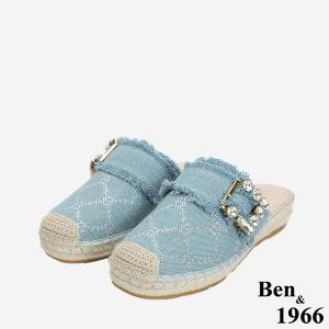 Ben&1966 夏日丹寧布草編方鑽漁夫穆勒拖-藍(246501)
