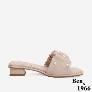 Ben&1966 柔軟羊皮氣質珍珠一字低跟涼拖鞋-粉紅(246541)