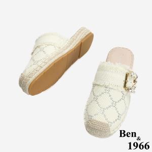 Ben&1966 夏日丹寧布草編方鑽漁夫穆勒拖-米白(246502)
