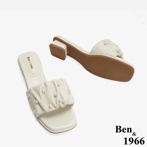 Ben&1966 柔軟羊皮氣質珍珠一字低跟涼拖鞋-米白(246542)