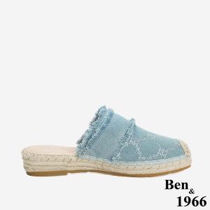 Ben&1966 夏日丹寧布草編方鑽漁夫穆勒拖-藍(246501)