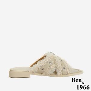 Ben&1966 夏日度假風草編交叉亮鑽平底拖鞋-米白(246642)
