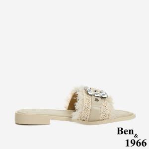 Ben&1966 夏日度假風草編一字方鑽涼拖鞋-米白(246602)