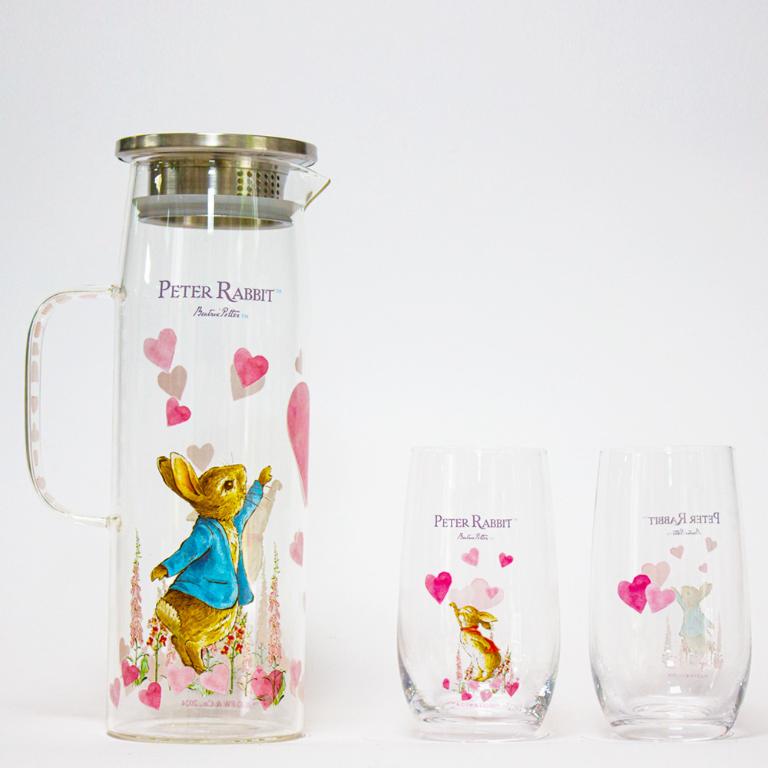 中秋獻禮_PETER RABBIT 比得兔 耐熱玻璃冷水壺及水杯3件組-心心相印
