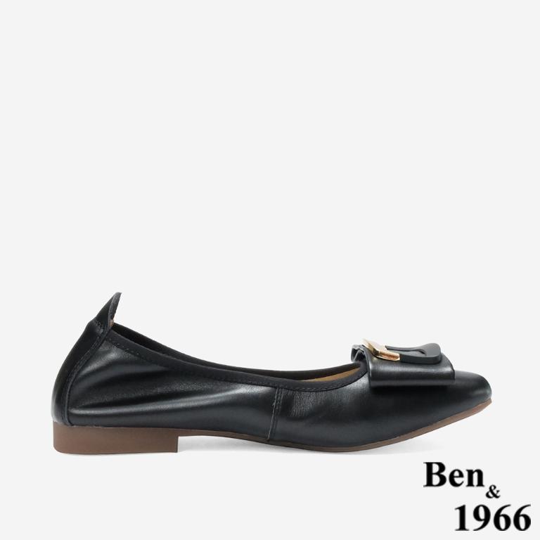 Ben&1966 高級頭層牛皮氣質金屬方釦包鞋-黑(248201)