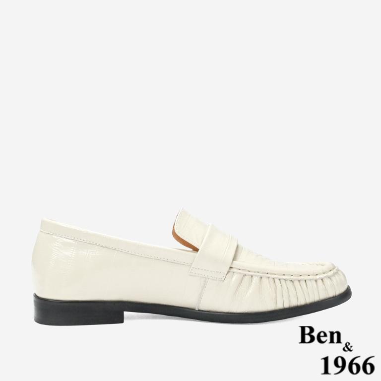 Ben&1966 高級質感牛油皮抓皺線條感樂福鞋-米白(248122)