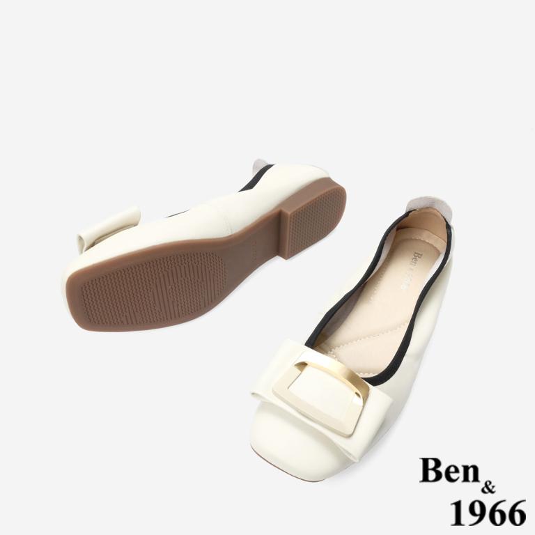 Ben&1966 高級頭層牛皮氣質金屬方釦包鞋-米白(248202)