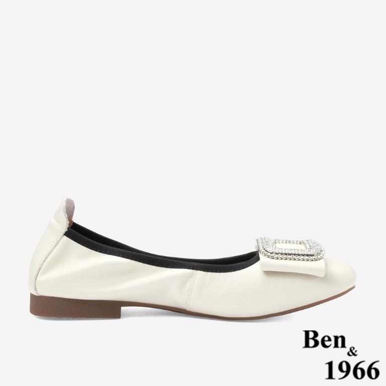 Ben&1966 高級頭層牛皮高雅方鑽包鞋-米白(248192)