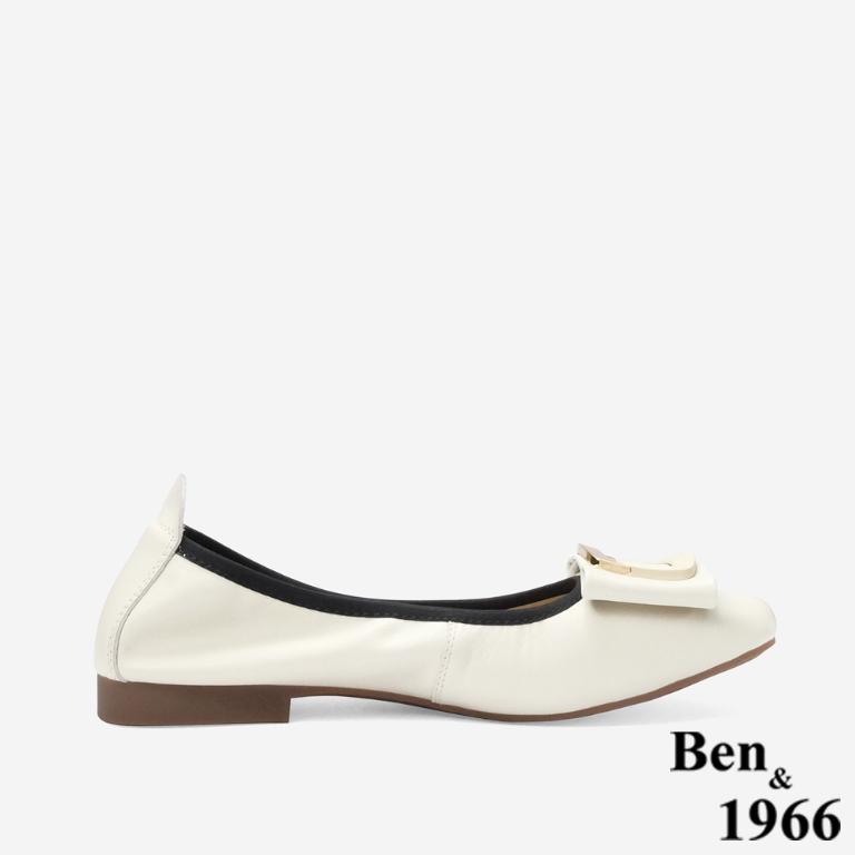 Ben&1966 高級頭層牛皮氣質金屬方釦包鞋-米白(248202)