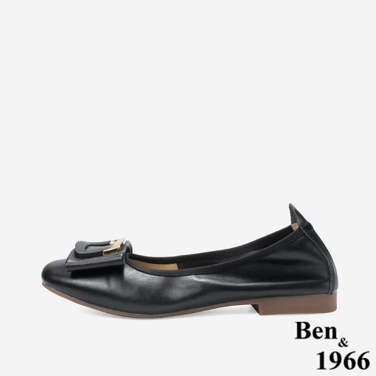 Ben&1966 高級頭層牛皮氣質金屬方釦包鞋-黑(248201)