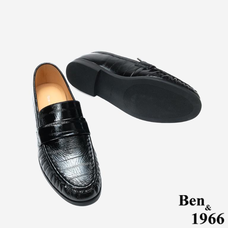 Ben&1966 高級質感牛油皮抓皺線條感樂福鞋-黑(248121)