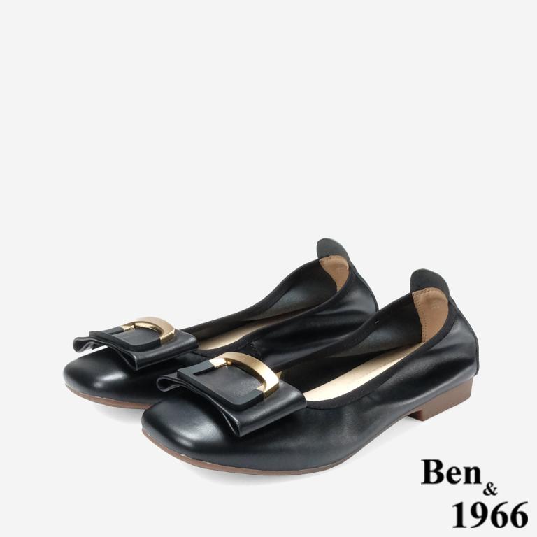 Ben&1966 高級頭層牛皮氣質金屬方釦包鞋-黑(248201)