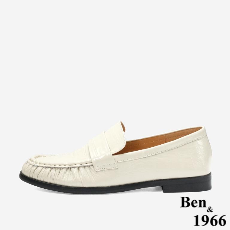 Ben&1966 高級質感牛油皮抓皺線條感樂福鞋-米白(248122)
