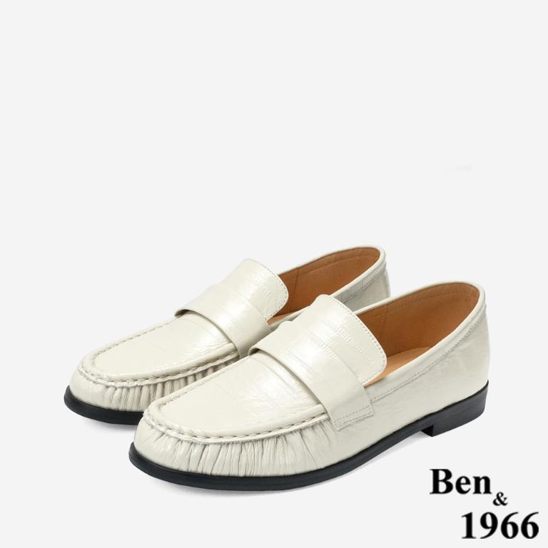 Ben&1966 高級質感牛油皮抓皺線條感樂福鞋-米白(248122)