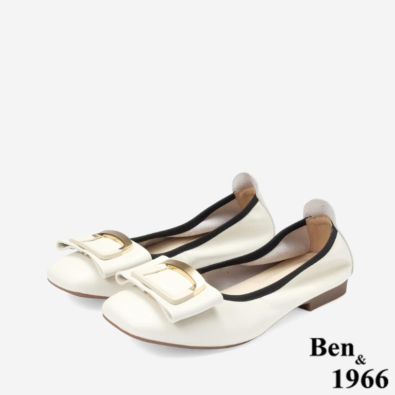 Ben&1966 高級頭層牛皮氣質金屬方釦包鞋-米白(248202)