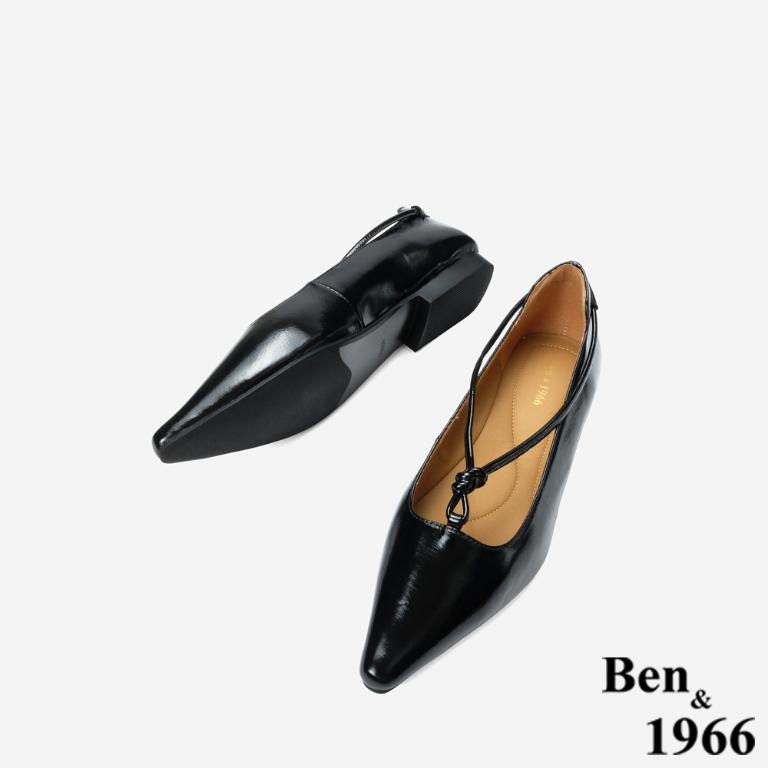 Ben&1966 高級質感牛油皮高雅扭結尖頭低跟包鞋-黑(248211)