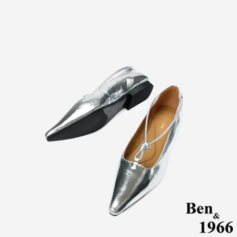 Ben&1966 高級質感牛油皮高雅扭結尖頭低跟包鞋-銀(248212)