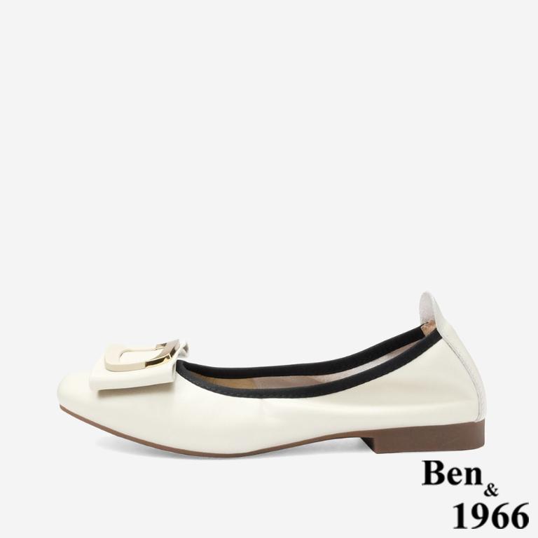 Ben&1966 高級頭層牛皮氣質金屬方釦包鞋-米白(248202)
