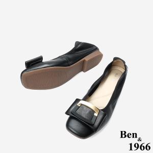 Ben&1966 高級頭層牛皮氣質金屬方釦包鞋-黑(248201)