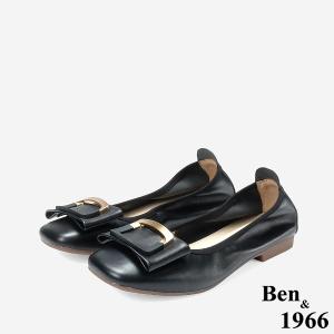 Ben&1966 高級頭層牛皮氣質金屬方釦包鞋-黑(248201)
