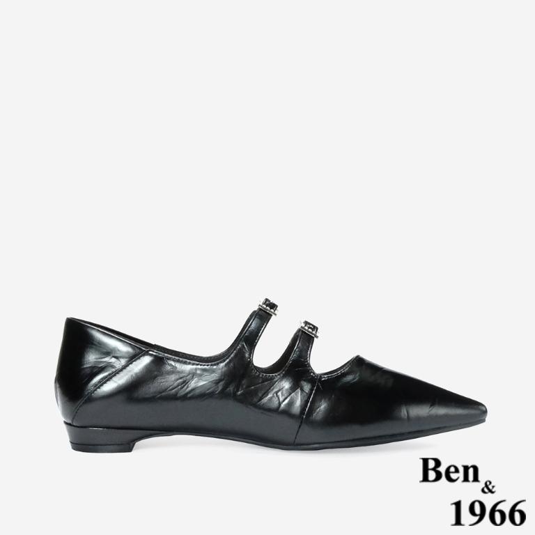 Ben&1966 高級牛油皮韓系時尚鑽釦低跟尖頭包鞋-黑(248231)