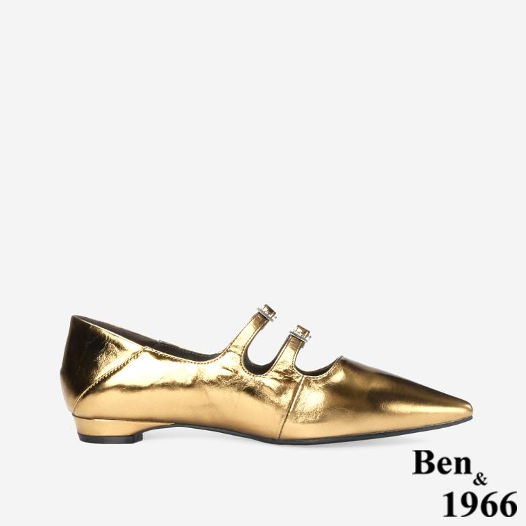 Ben&1966 高級牛油皮韓系時尚鑽釦低跟尖頭包鞋-金(248232)