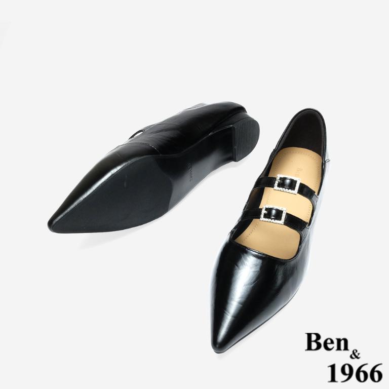 Ben&1966 高級牛油皮韓系時尚鑽釦低跟尖頭包鞋-黑(248231)