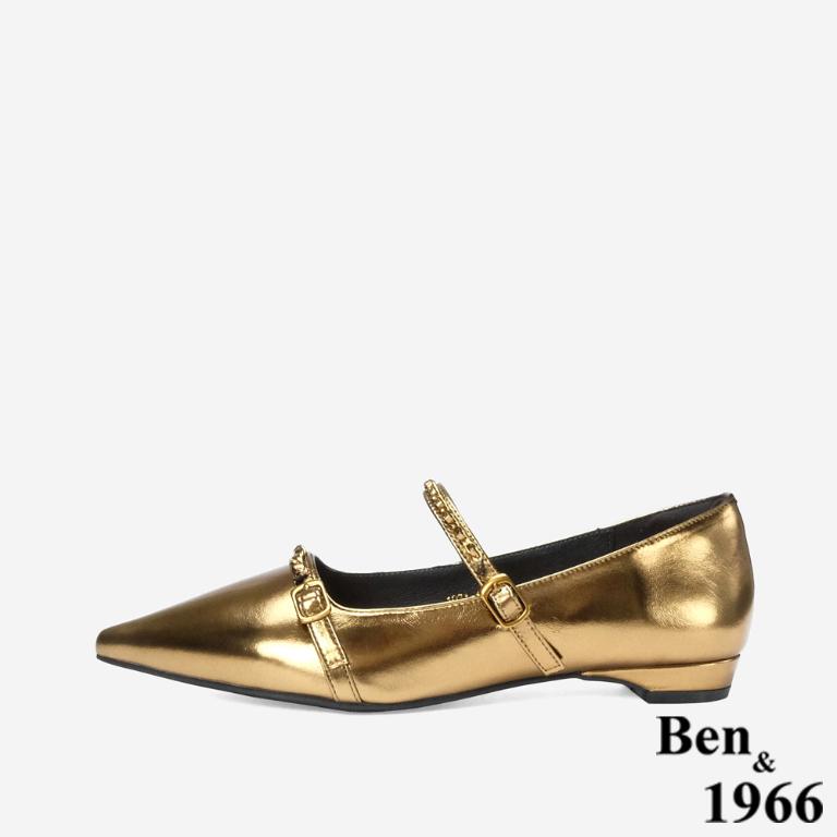 Ben&1966 高級牛油皮韓系時尚鍊條低跟尖頭包鞋-金(248242)
