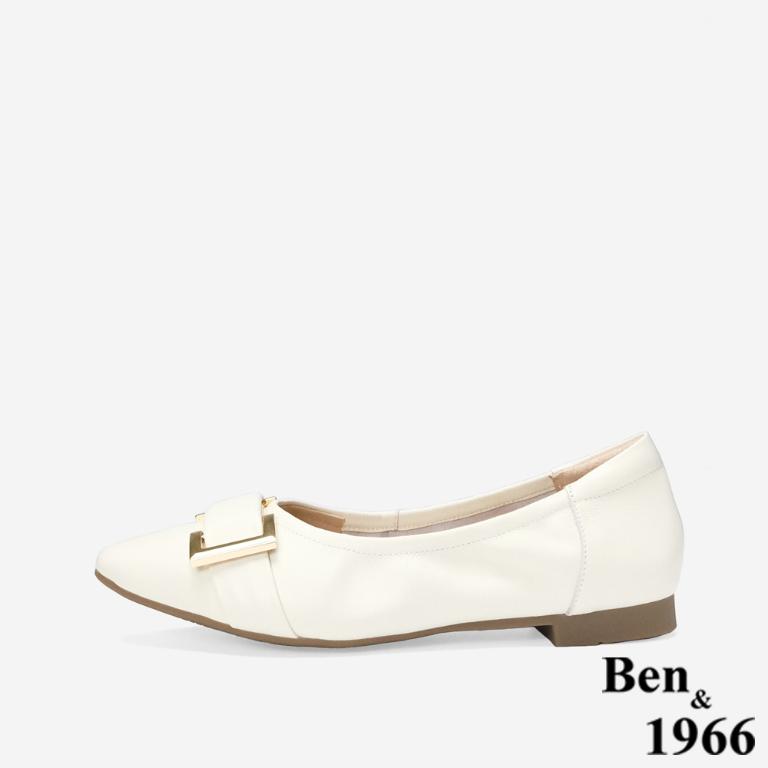 Ben&1966 高級頭層牛皮氣質小眾方釦包鞋-米白(248302)