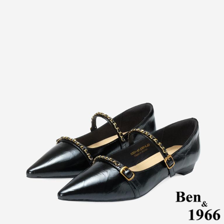 Ben&1966 高級牛油皮韓系時尚鍊條低跟尖頭包鞋-黑(248241)